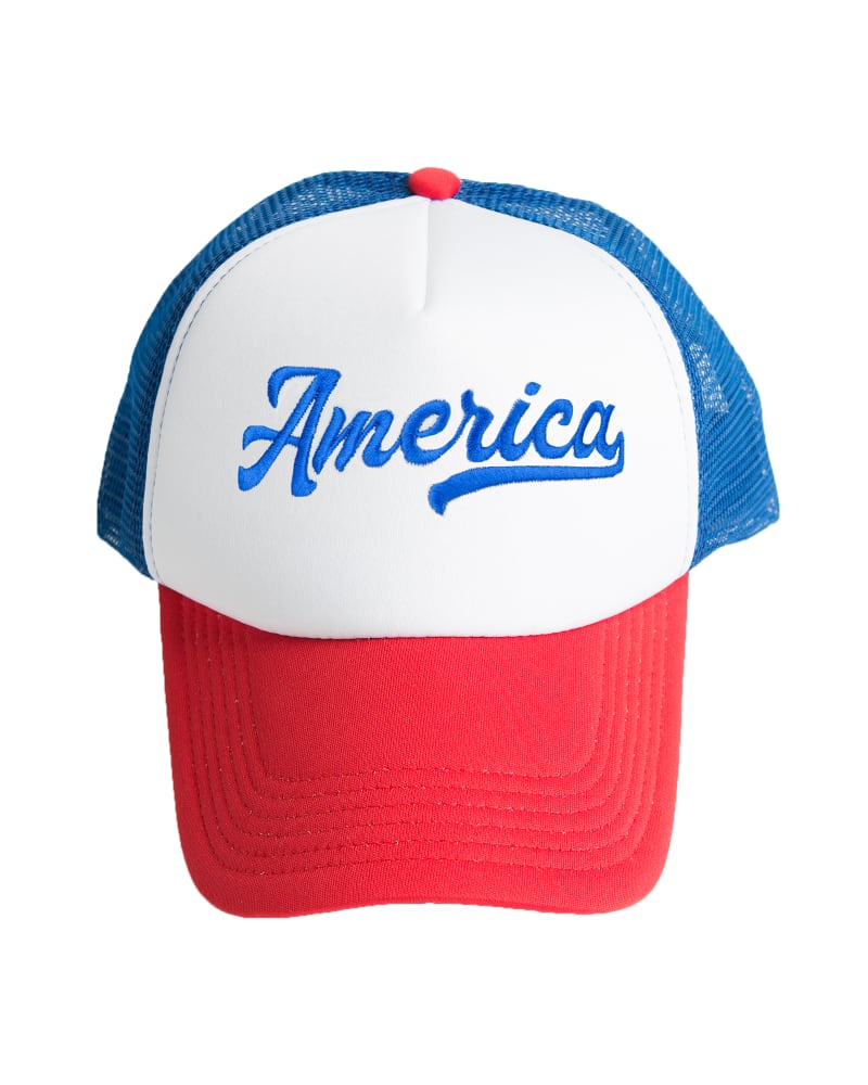 Front of a size One Size Retro America Foam Tucker Hat in White/Red/Royal by Simply Sage Market. | dia_product_style_image_id:294597